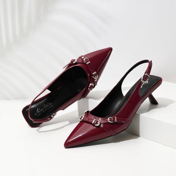 Mostrin Kitten Heel Red Faux Leather Low Slingback Heels with Buckle Dress Shoes - Picture 7 of 8
